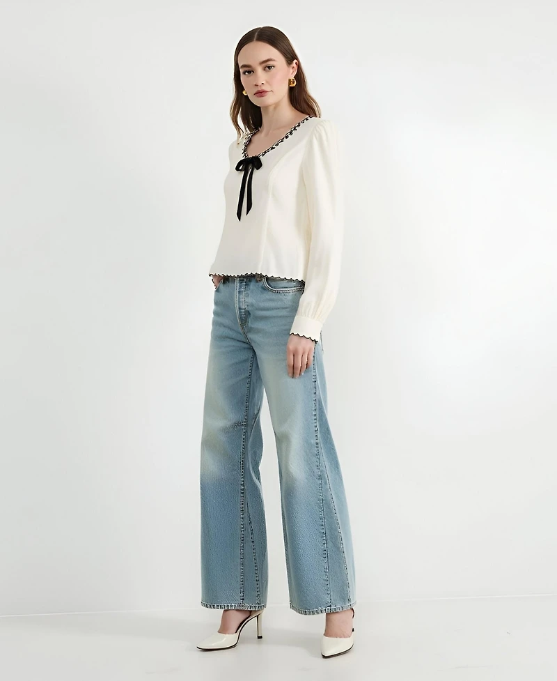 Draft - Modenaire Women's Embroidered Blouse with Velvet Bow and Scalloped Hem