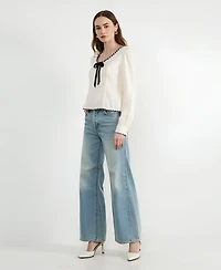 Draft - Modenaire Women's Embroidered Blouse with Velvet Bow and Scalloped Hem