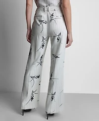 Dkny Women's Pinstripe Floral Mid Rise Flared Pants