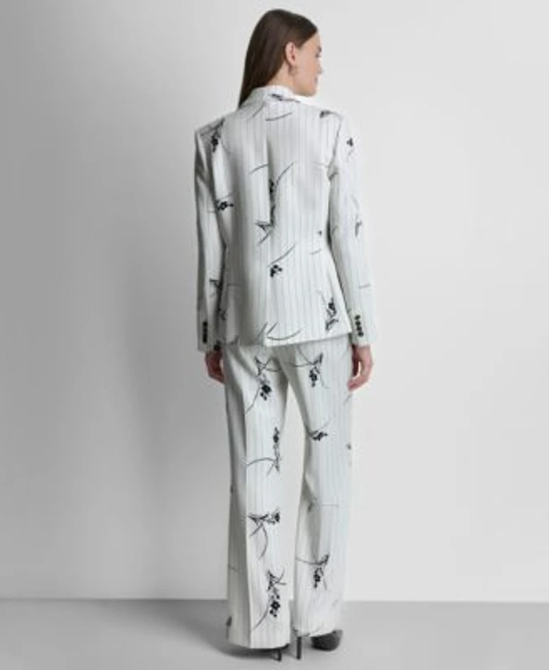 Dkny Womens Pinstripe Single Button Blazer Pinstripe V Neck Sleeveless Vest Pinstripe Floral Mid Rise Flared Pants