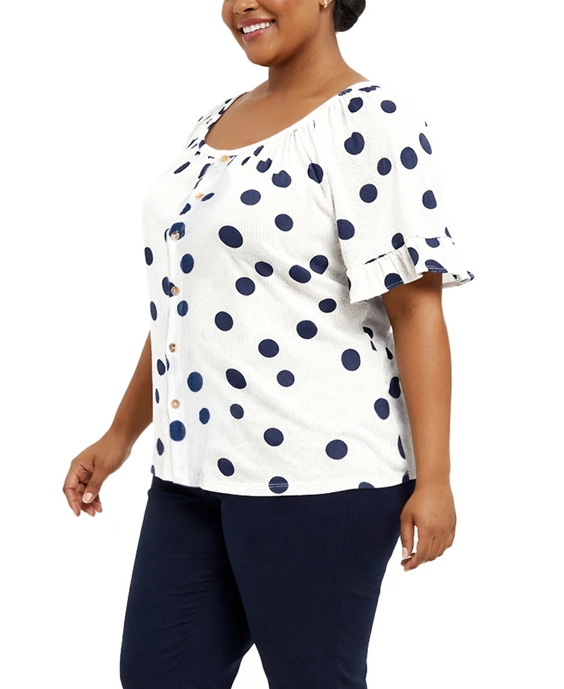 Coin 1804 Plus Polka Dot Crinkle Knit Button-Front Ruffle Sleeve Top