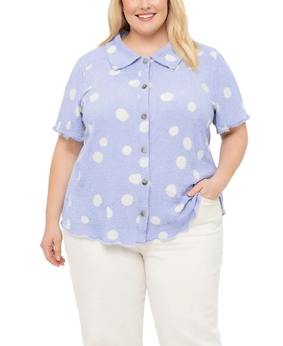 Coin 1804 Plus Polka Dot Crinkle Knit Button Short Sleeve Shirt