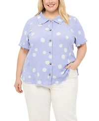Coin 1804 Plus Polka Dot Crinkle Knit Button Short Sleeve Shirt