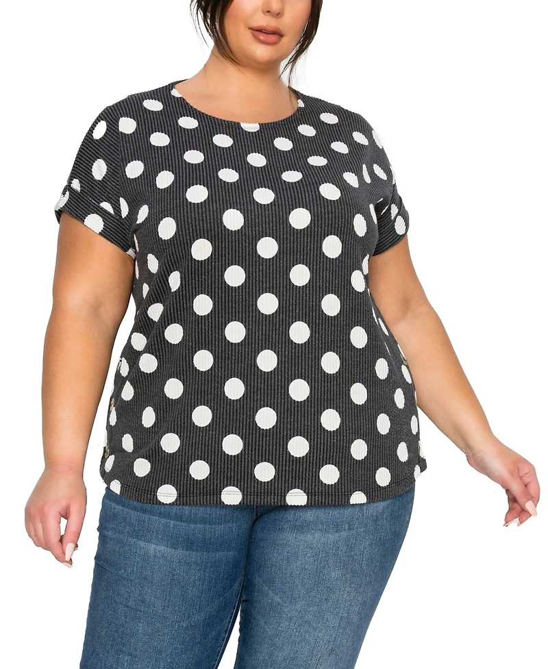 Coin 1804 Plus Polka Dot Double Knit Rolled Sleeve Side Button Top