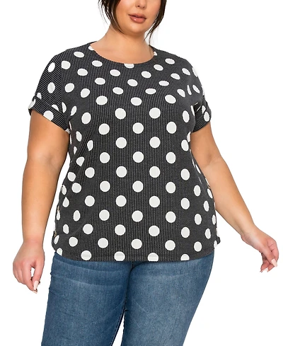Coin 1804 Plus Polka Dot Double Knit Rolled Sleeve Side Button Top
