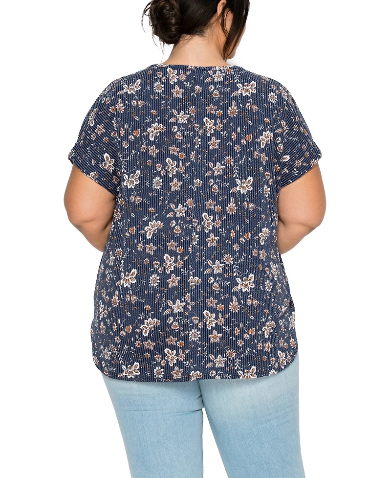 Coin 1804 Plus Boho Floral Rib Zip Front Dolman Top