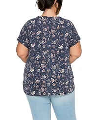 Coin 1804 Plus Boho Floral Rib Zip Front Dolman Top