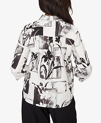 Alfred Dunner Petite Crowd Pleaser Floral Patchwork Button Front Top