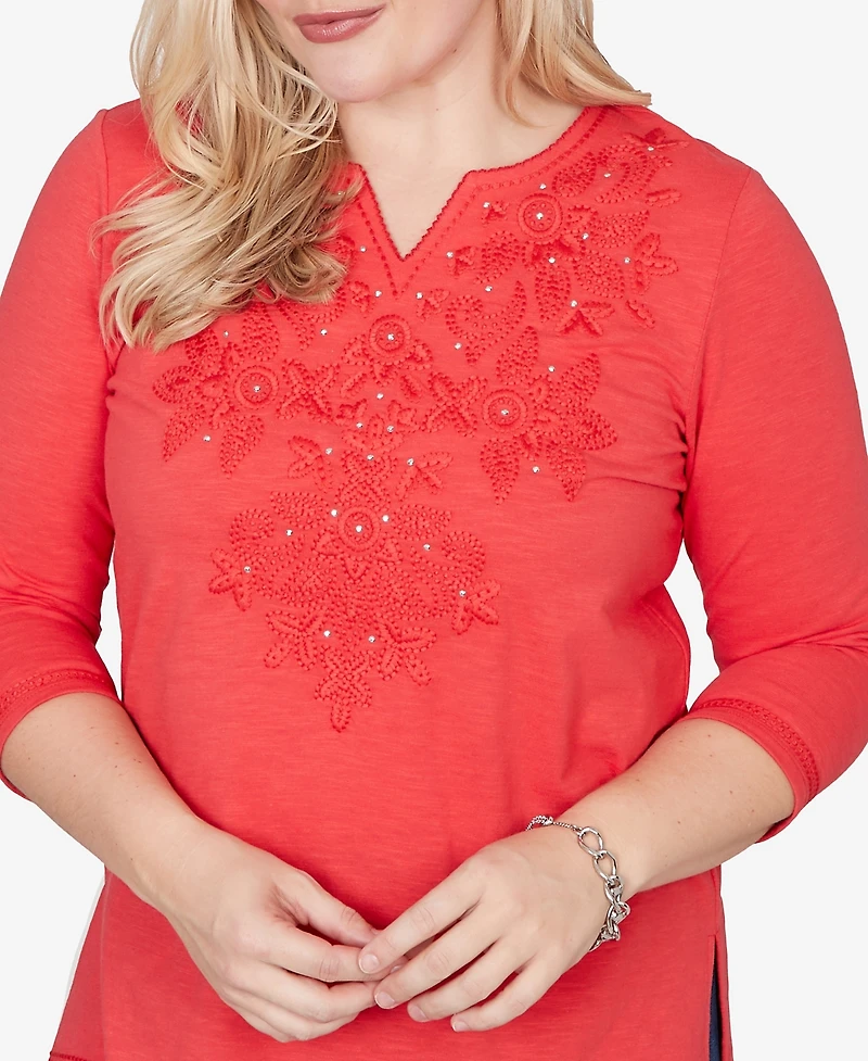 Alfred Dunner Petite Port Side Tonal Embroidered Split Neck Top