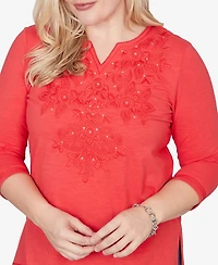 Alfred Dunner Petite Port Side Tonal Embroidered Split Neck Top