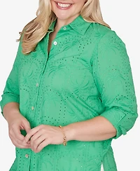 Alfred Dunner Petite Resort Living Eyelet Palm Tree Button Front Top