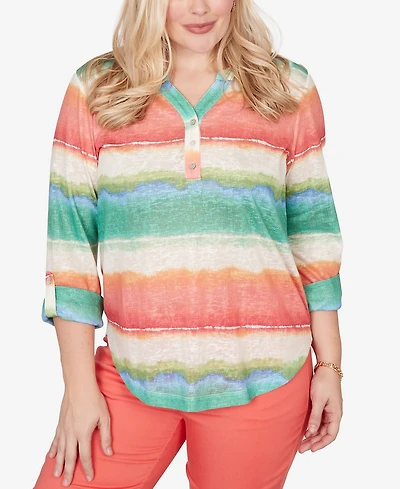 Alfred Dunner Petite Resort Living Biadere Tie Dye Stripe Henley Top