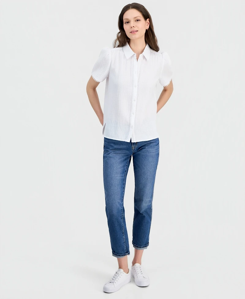 Nautica Women's Cotton Bobble-Trim Short-Sleeve Shirt