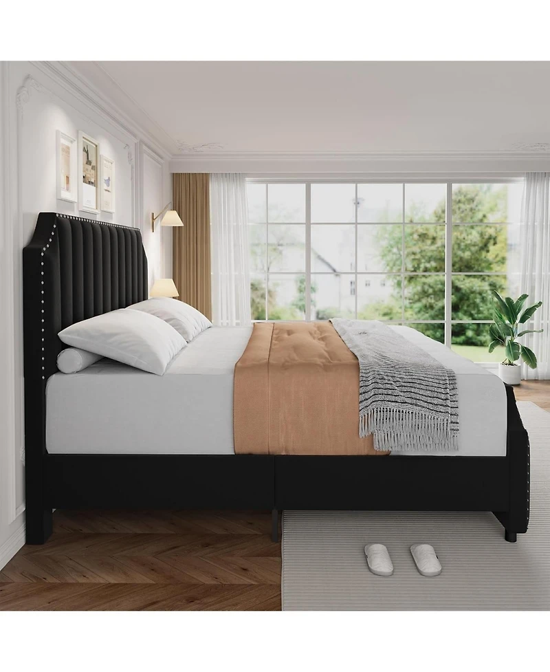 gaomon Queen Size Bed Frame, Platform Bed Frame with Velvet Upholstered 50.2'' Headboard, Rivet Decoration, Strong Wooden Slats, No Box Spring Needed