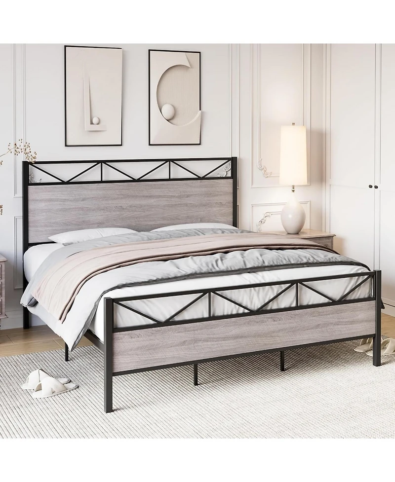 gaomon Bed Frame with Rustic Wood Headboard and Footboard, Heavy Duty Metal Platform Bed Frame with Steel Slat Support, No Box Spring Needed