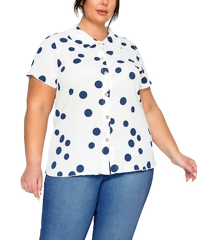 Coin 1804 Plus Size Polka Dot Crinkle Knit Button Short-Sleeve Button Shirt