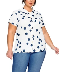 Coin 1804 Plus Size Polka Dot Crinkle Knit Button Short-Sleeve Button Shirt
