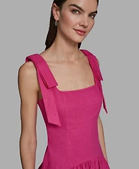 Karl Lagerfeld Paris Women's Sleeveless Bow Strap Square Neck Midi Dress
