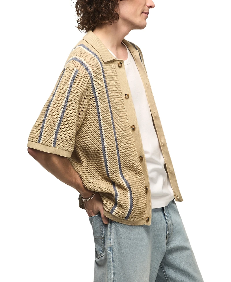 Lucky Brand's Men's Stripe Button-Front Short-Sleeve Sweater