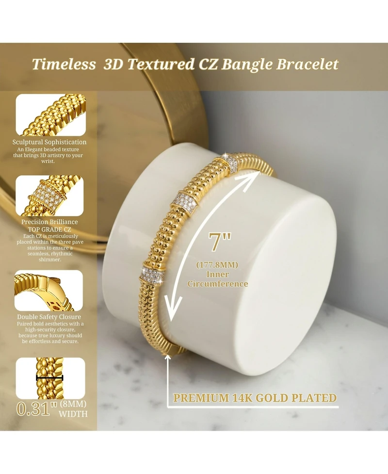 Rachel Glauber 14k Gold Plated with Cubic Zirconia 3D Textured Bangle Bracelet