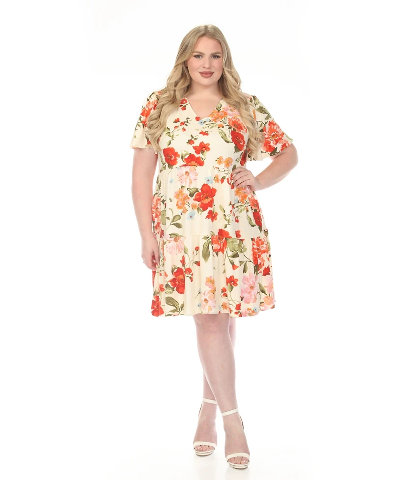 White Mark Plus V-Neck Tropical Flower Short Sleeve Dress