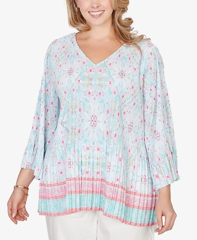 Ruby Rd. Plus Pleated Tapestry Print Bell Sleeve Blouse