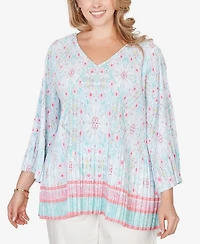 Ruby Rd. Plus Pleated Tapestry Print Bell Sleeve Blouse