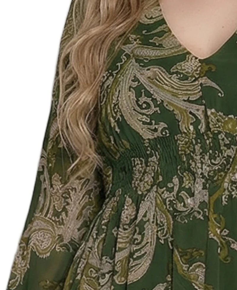 Ny Collection Plus Long Sleeve Clip Dot Chiffon Dress with Smocked Waist and Cuffs