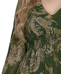 Ny Collection Plus Long Sleeve Clip Dot Chiffon Dress with Smocked Waist and Cuffs