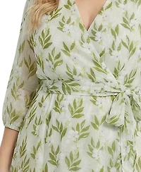 Ny Collection Plus Size 3/4 Sleeve V Neck Belted Chiffon Dress