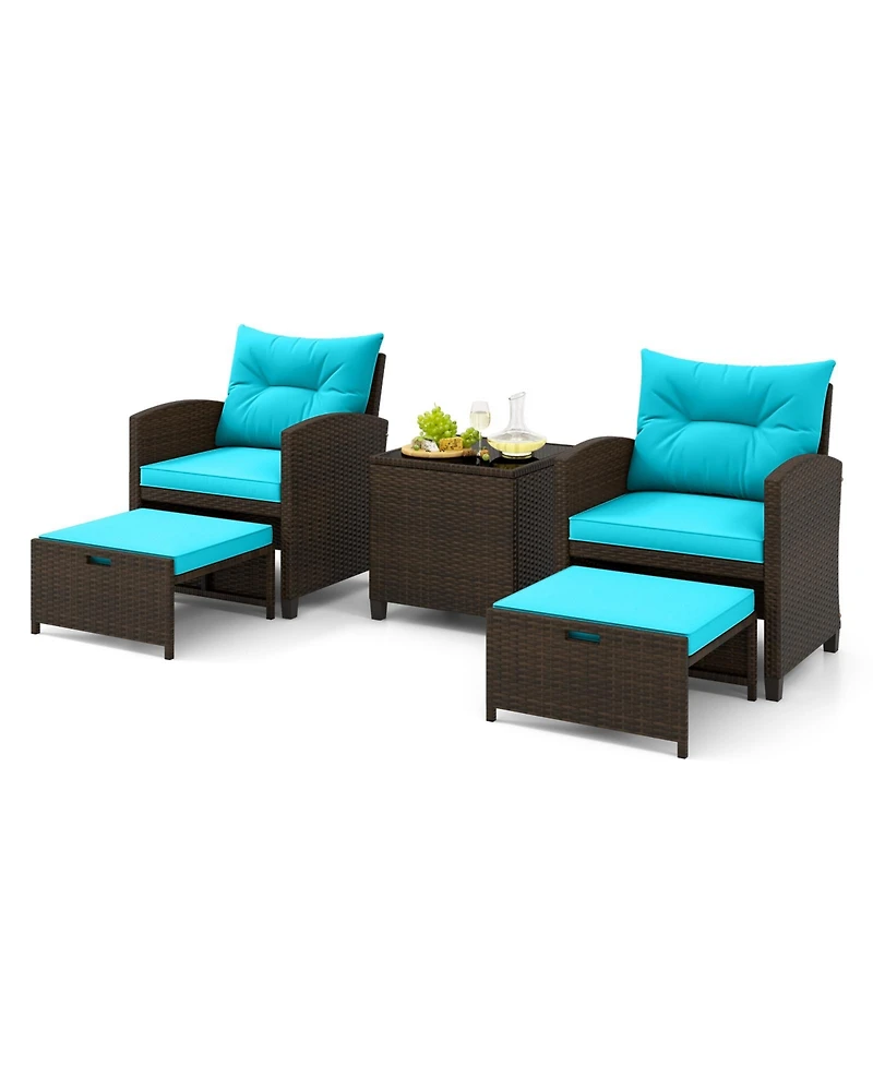 Gymax Set of 5 Patio Rattan Furniture w/ 2 Wicker Ottomans & Tempered Glass Coffee Table