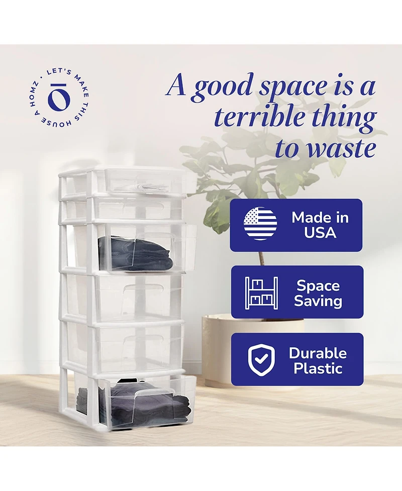 Homz Plastic 6 Clear Drawer Medium Home Storage Container Tower, White Frame
