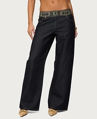 Edikted Women's Carlie Embroidered Low Rise Wide Leg Jeans