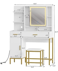 gaomon Vanity Desk with Lighted Mirror and Power Outlet - Makeup Table with 2 Drawers