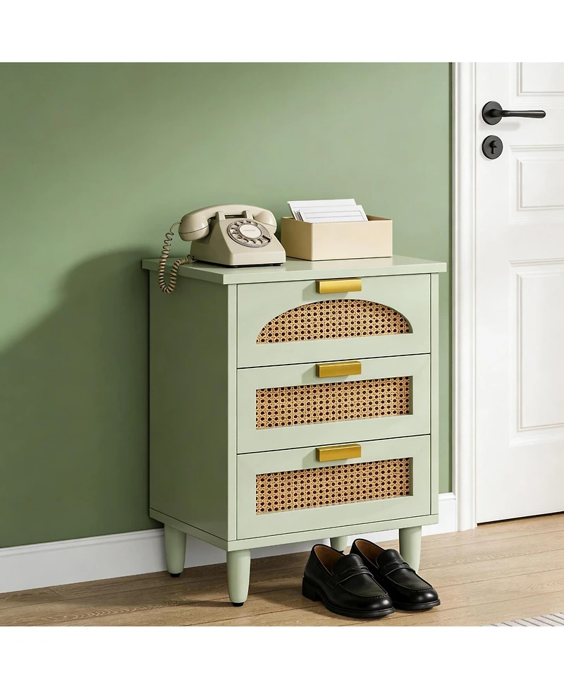 Rainsken Rattan Nightstand, Mint Green 3-Drawer Bedside Table, Wooden End Table for Bedroom, Living Room