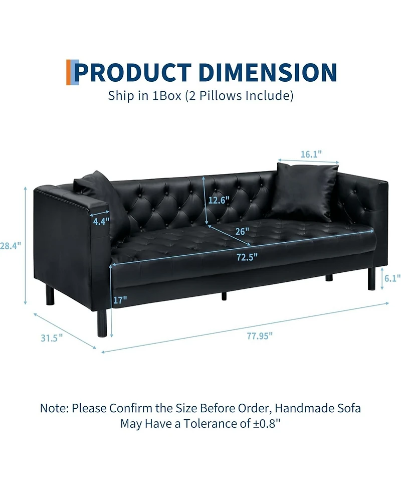 gaomon 78" Leather Couch, Handmade Button Tufted 3 Seater Chesterfield Sofa with Deep Seat and 2 Pillows for Living Room or Apartment