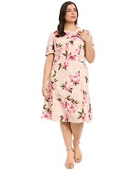 London Times Plus Short-Sleeve Printed Midi Dress