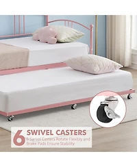 gaomon Twin Metal Daybed with Pullout Trundle, 6 Casters, Steel Slat Support Sofa Bed, No Box Spring Needed, Pink Daybed for Living Room, Bedroom