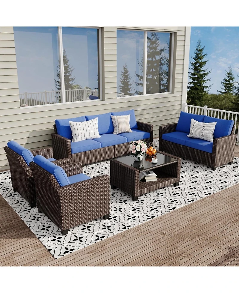 gaomon Patio Furniture Set 5 Pieces, Rattan Wicker Sectional Patio Seating Sofas with Cushions and Glass Coffee Table