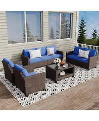 gaomon Patio Furniture Set 5 Pieces, Rattan Wicker Sectional Patio Seating Sofas with Cushions and Glass Coffee Table
