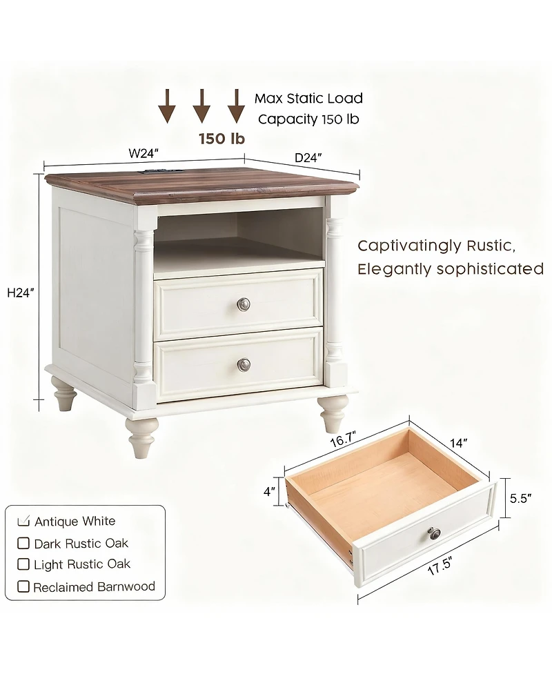 Yigii 24" Rustic Square Nightstand with Charging Station for Bedroom/Living Room