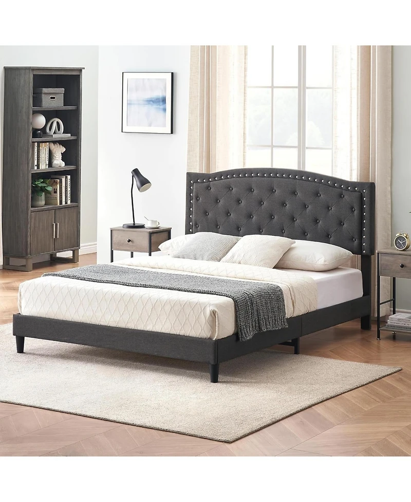 gaomon Queen Size Upholstered Platform Bed Frame, Queen Bed Frame with Adjustable Button-Tufted Wing Back Headboard, Heavy-Duty Slats Support