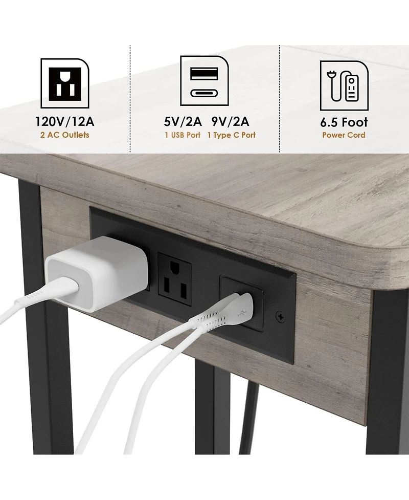 gaomon C Shaped Side Table with Charging Station, Flip Top End Table with Usb Ports and Outlets, Narrow Side Table with 3 Tier Storage Shelf, C Table