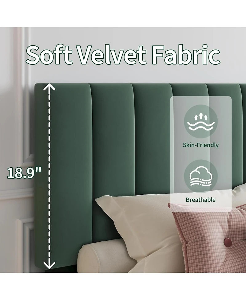 Queen Velvet Upholstered Platform Bed Frame with Vertical Channel Tufted Headboard,Adjustable Height Fits 8–12" Mattress,Noise-Free