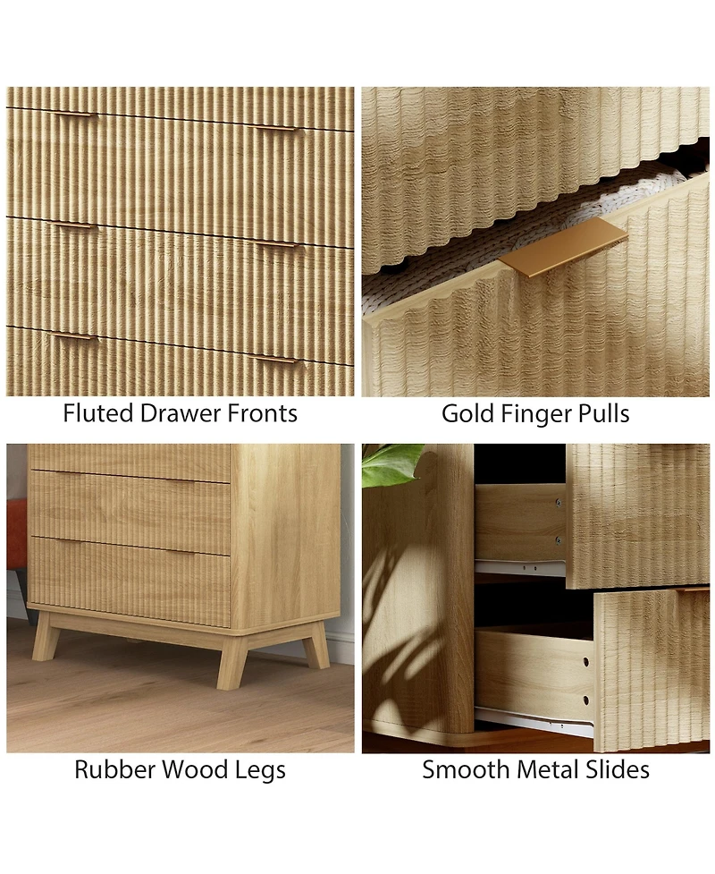 Rainsken Nightstand, 4 Drawer Double Dresser, Wave-Fluted Fronts, Gold Finger Pulls, Bedside Table