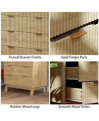 Rainsken Nightstand, 4 Drawer Double Dresser, Wave-Fluted Fronts, Gold Finger Pulls, Bedside Table