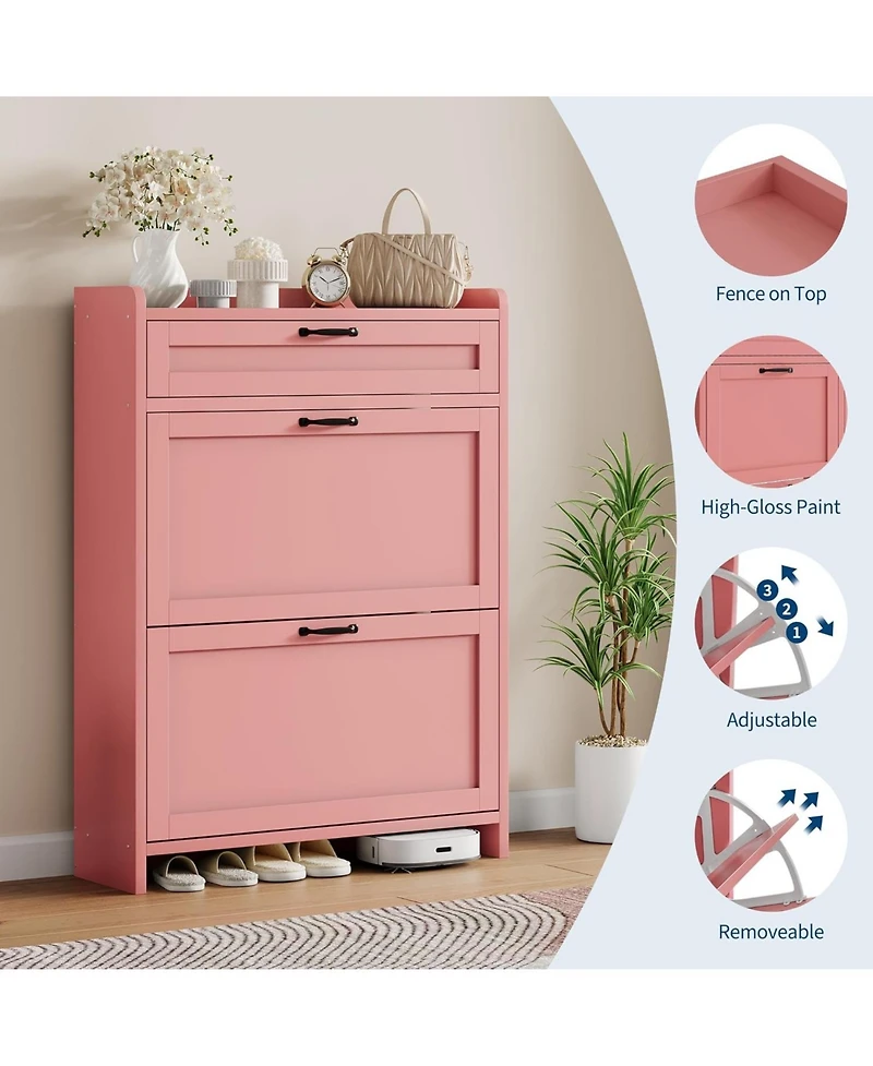 gaomon Shoe Cabinet with 2 Flip Drawers & 1 Top Drawer, Wooden Shoe Organizer Cabinet