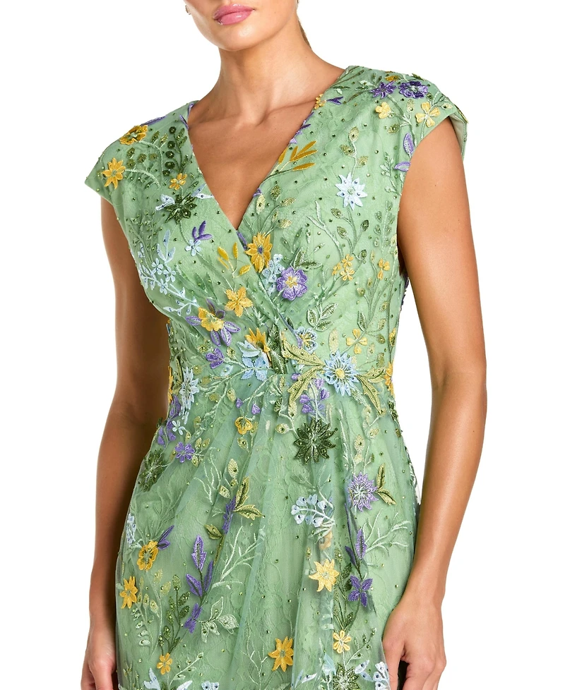 Mac Duggal Women's Faux Wrap Embroidered Cap Sleeve Gown