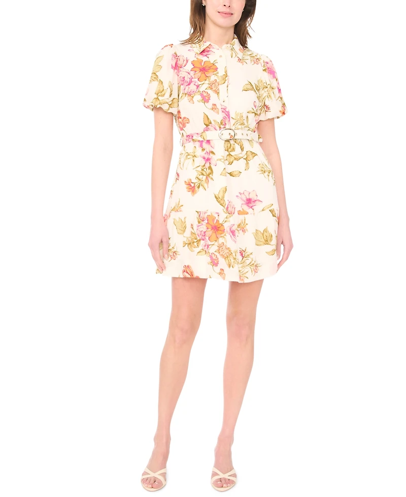 Msk Petite Puff-Sleeve Belted Fit & Flare Dress