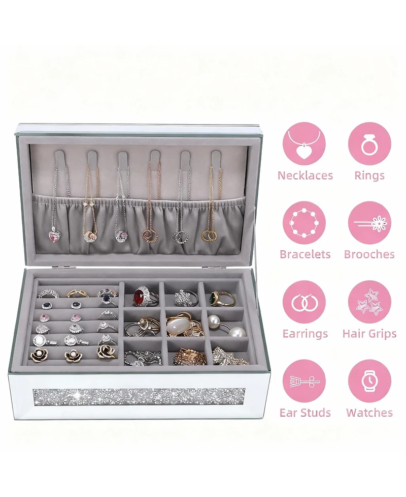 Yigii Crystal Glass Jewelry Box with Mirror for Women